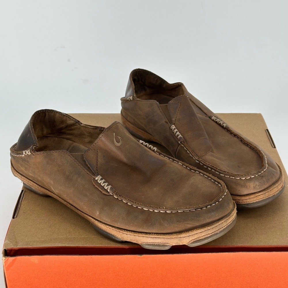 Olukai Molokai Brown Leather Slip On Casual Slipper Shoes Comfort Loafers 10